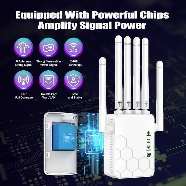 Alt view image 2 of 5 - 2025 New WiFi Extender Signal Booster, New Faster WiFi Extender Booster with 6 Antennas, 2 Ethernet Port,Coverage up to 11000 sq.ft, Long Range WiFi Repeater Wireless Router Amplifier,1-Tap Easy Setup