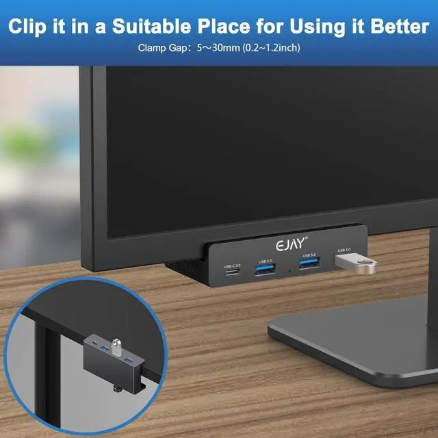Alt view image 2 of 5 - EJAY Mountable 4Ports USB3.0 HUB Alu Desktop Clamp Type C USB3.0 Splitter for Desk/Monitors with Extra Power Supply Port,59inches Data & 39inches Power Cables-5Gbps(BJ-3A1C-BK)