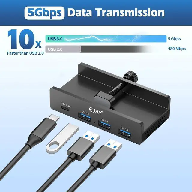 Alt view image 3 of 5 - EJAY Mountable 4Ports USB3.0 HUB Alu Desktop Clamp Type C USB3.0 Splitter for Desk/Monitors with Extra Power Supply Port,59inches Data & 39inches Power Cables-5Gbps(BJ-3A1C-BK)