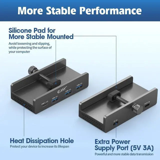 Alt view image 5 of 5 - EJAY Mountable 4Ports USB3.0 HUB Alu Desktop Clamp Type C USB3.0 Splitter for Desk/Monitors with Extra Power Supply Port,59inches Data & 39inches Power Cables-5Gbps(BJ-3A1C-BK)