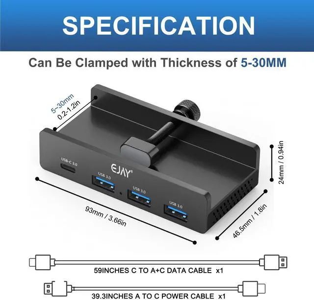 Alt view image 4 of 5 - EJAY Mountable 4Ports USB3.0 HUB Alu Desktop Clamp Type C USB3.0 Splitter for Desk/Monitors with Extra Power Supply Port,59inches Data & 39inches Power Cables-5Gbps(BJ-3A1C-BK)