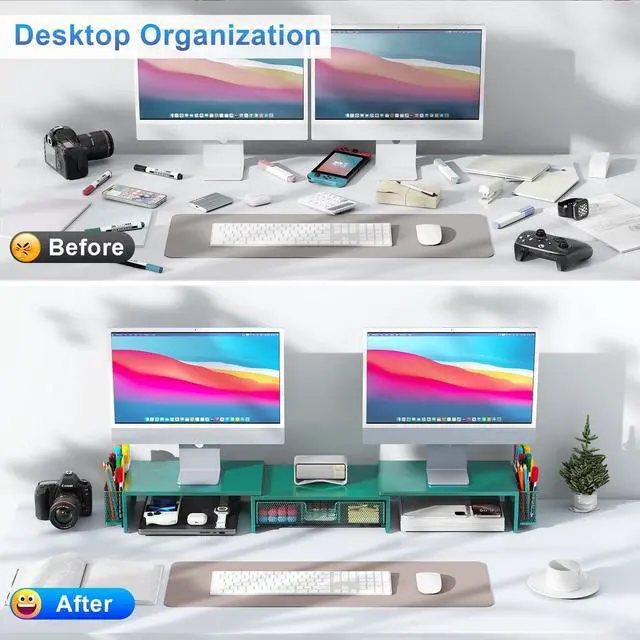 Alt view image 2 of 5 - gianotter Dual Monitor Stand Riser, Desk Organizer With Drawer and 2 Pen Holders, Monitor Stand for Desk, Office Decor Essentials (Green)