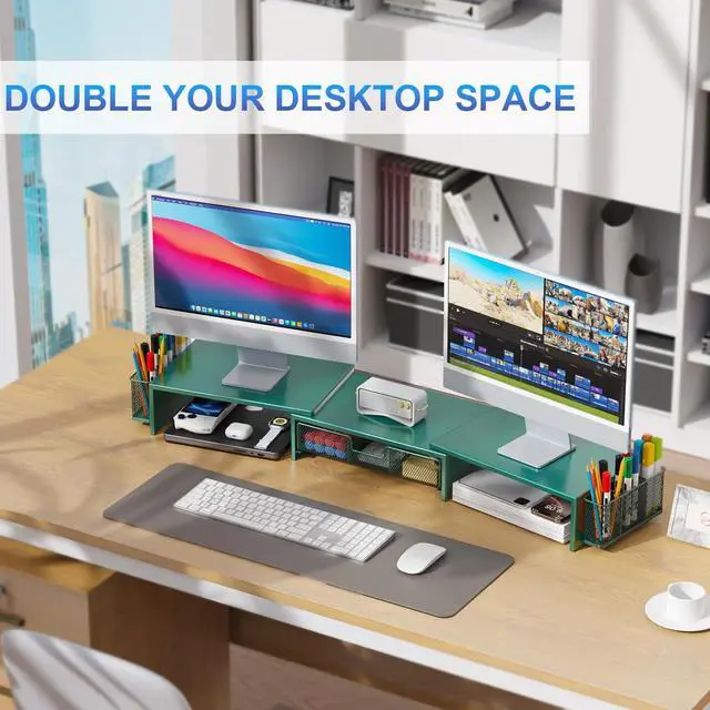 Alt view image 3 of 5 - gianotter Dual Monitor Stand Riser, Desk Organizer With Drawer and 2 Pen Holders, Monitor Stand for Desk, Office Decor Essentials (Green)