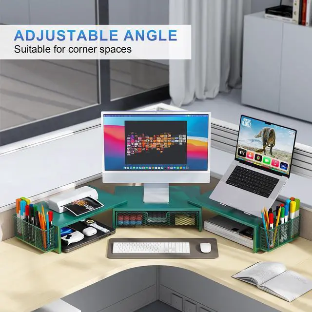 Alt view image 4 of 5 - gianotter Dual Monitor Stand Riser, Desk Organizer With Drawer and 2 Pen Holders, Monitor Stand for Desk, Office Decor Essentials (Green)