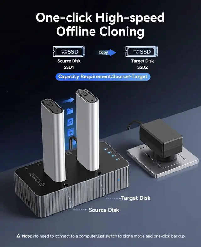 Alt view image 2 of 5 - ORICO 40Gbps M.2 NVMe Hard Drive Docking Station with Offline Clone Dual-Bay NVMe Cloner with USB C Cable for Both (M Key, B+M Key) PCIE NGFF Dock, Compatible Size 22110 2280 2260 2242 2230-IT28N