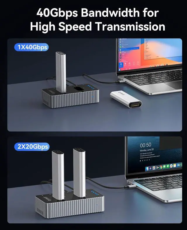 Alt view image 3 of 5 - ORICO 40Gbps M.2 NVMe Hard Drive Docking Station with Offline Clone Dual-Bay NVMe Cloner with USB C Cable for Both (M Key, B+M Key) PCIE NGFF Dock, Compatible Size 22110 2280 2260 2242 2230-IT28N