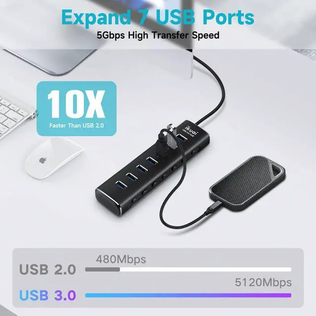 Alt view image 4 of 5 - Powered USB 3.0 /USB C Hub, ikuai Aluminium 7-Port USB Hub Splitter with AC Adapter LED Individual On/Off Switches and 3.3ft Extended Long Cable for Laptop, Mac, PC, Flash Drive, Mobile HDD