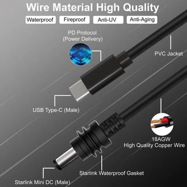 Alt view image 3 of 5 - Starlink Mini USB C to DC Power Cable, 16.4FT/5M Type-C to DC Power Cable for Starlink Mini, PD 20V USB-C Input to DC Male Output Waterproof, Compatible 65W PD 20V Protocol Power Supply/Source (5M)