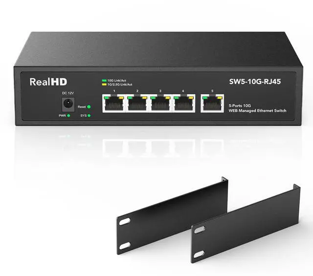 Main image of 5 Port 10Gb RJ45 Web Managed Ethernet Network Switch, 5 x 10 Gigabit Base-T Port | 10Gbps Multi-Gig Swicth Support 5G-2.5G-1G-100M | 19 Inch Rack Mount | 100G Bandwidth | Metal Casing | Built-in Fan