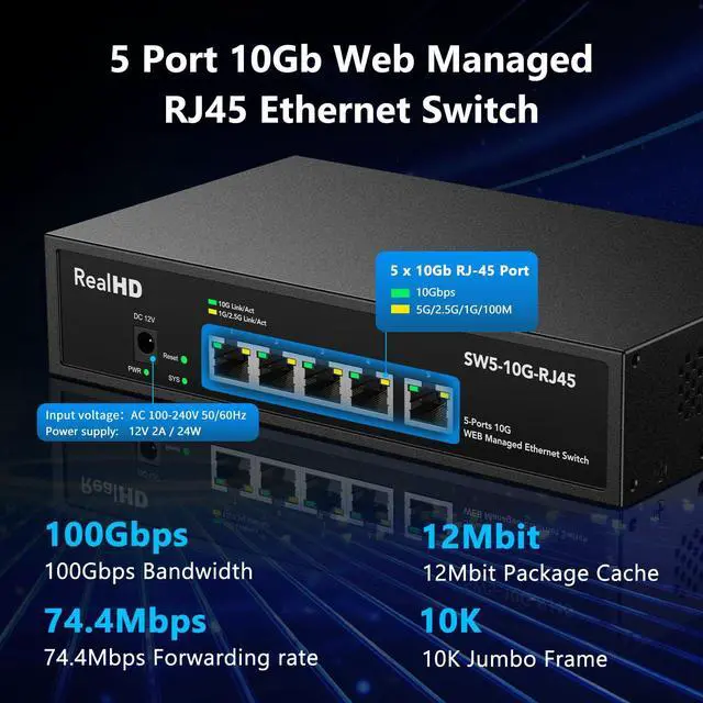 Alt view image 4 of 5 - 5 Port 10Gb RJ45 Web Managed Ethernet Network Switch, 5 x 10 Gigabit Base-T Port | 10Gbps Multi-Gig Swicth Support 5G-2.5G-1G-100M | 19 Inch Rack Mount | 100G Bandwidth | Metal Casing | Built-in Fan