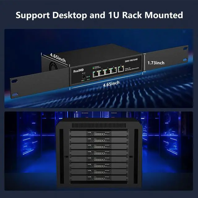 Alt view image 5 of 5 - 5 Port 10Gb RJ45 Web Managed Ethernet Network Switch, 5 x 10 Gigabit Base-T Port | 10Gbps Multi-Gig Swicth Support 5G-2.5G-1G-100M | 19 Inch Rack Mount | 100G Bandwidth | Metal Casing | Built-in Fan