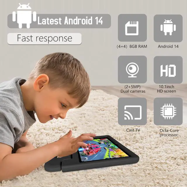 Alt view image 2 of 5 - Tablet for Kids Age 3-12 10.1 inch Android 14 6000mAh 8GB RAM+64GB ROM(Expandable to 1TB Kids Tablet WiFi6 Google Kids Space Parental Control 1280 * 800 HD Screen - Black