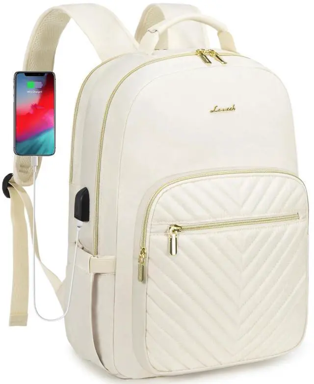 Main image of LOVEVOOK Laptop Backpack Purse for Women, Work Travel Computer Bags, College School Backpack for Student Girl, Quilted Casual Daypack with USB Port, Fit 15.6 Inch Laptop, Beige White