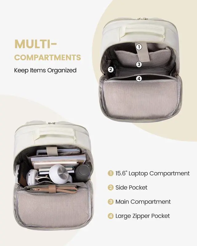 Alt view image 2 of 5 - LOVEVOOK Laptop Backpack Purse for Women, Work Travel Computer Bags, College School Backpack for Student Girl, Quilted Casual Daypack with USB Port, Fit 15.6 Inch Laptop, Beige White