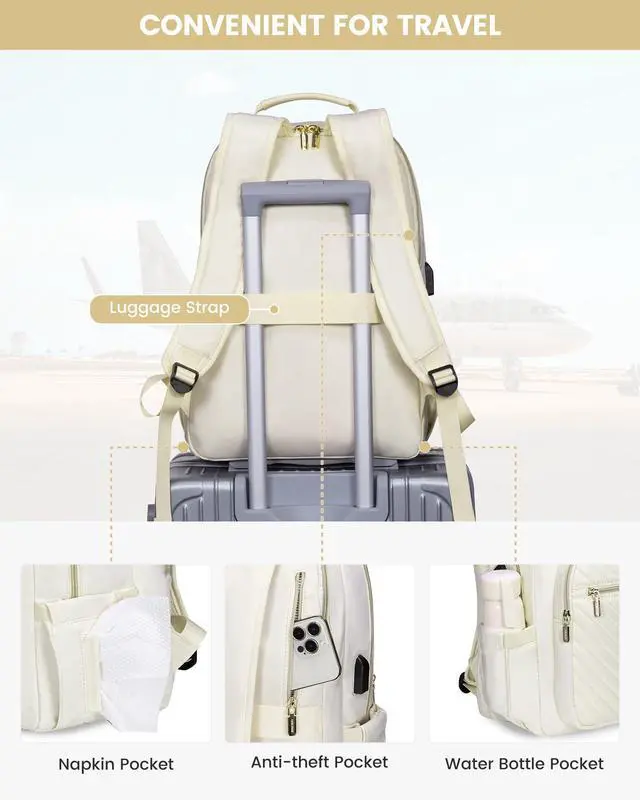 Alt view image 4 of 5 - LOVEVOOK Laptop Backpack Purse for Women, Work Travel Computer Bags, College School Backpack for Student Girl, Quilted Casual Daypack with USB Port, Fit 15.6 Inch Laptop, Beige White