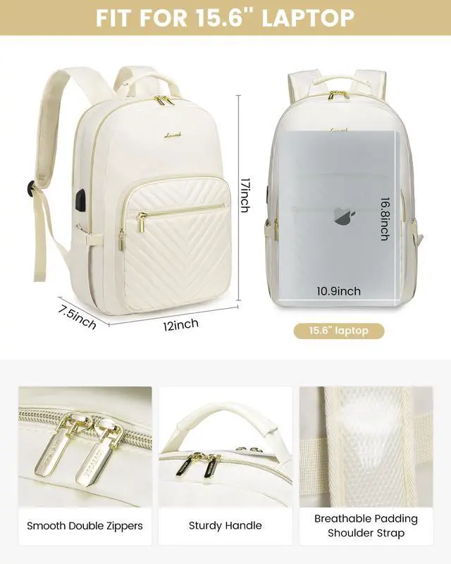 Alt view image 5 of 5 - LOVEVOOK Laptop Backpack Purse for Women, Work Travel Computer Bags, College School Backpack for Student Girl, Quilted Casual Daypack with USB Port, Fit 15.6 Inch Laptop, Beige White