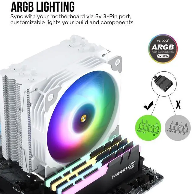 Alt view image 3 of 5 - Vetroo V5 CPU Air Cooler with 5 Heat Pipes 120mm FDB PWM Processor Cooling for Intel LGA 1851/1700/1200/115X AMD AM5/AM4, Addressable RGB Lights Sync - White