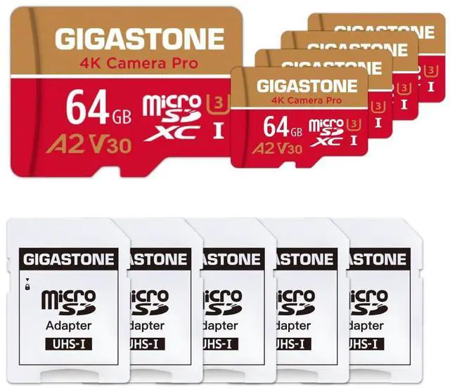 Main image of [5-Yrs Free Data Recovery] GIGASTONE 64GB Micro SD Card 5-Pack, 4K Camera Pro, A2 V30 Compatible with Gopro, Dash Cam, DJI, Drone, Security Camera, Speed Up to 95MB/s, UHS-I U3 C10, with Adapter