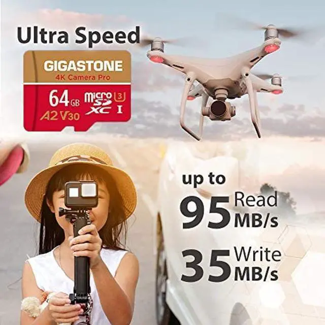 Alt view image 2 of 5 - [5-Yrs Free Data Recovery] GIGASTONE 64GB Micro SD Card 5-Pack, 4K Camera Pro, A2 V30 Compatible with Gopro, Dash Cam, DJI, Drone, Security Camera, Speed Up to 95MB/s, UHS-I U3 C10, with Adapter