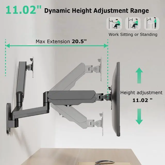 Alt view image 4 of 5 - HIPPOFLEX Dual Monitor Wall Mount for 17-32 inch Screens, 2 Monitor Arms with Gas Spring System Each Carries up to 17.6lbs, General Use Wall Mounts, Height Adjustable, Tilt, Swivel, Rotate