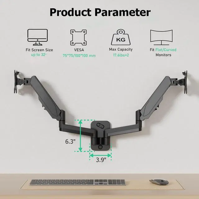Alt view image 5 of 5 - HIPPOFLEX Dual Monitor Wall Mount for 17-32 inch Screens, 2 Monitor Arms with Gas Spring System Each Carries up to 17.6lbs, General Use Wall Mounts, Height Adjustable, Tilt, Swivel, Rotate