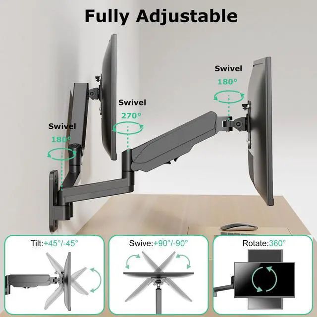 Alt view image 3 of 5 - HIPPOFLEX Dual Monitor Wall Mount for 17-32 inch Screens, 2 Monitor Arms with Gas Spring System Each Carries up to 17.6lbs, General Use Wall Mounts, Height Adjustable, Tilt, Swivel, Rotate