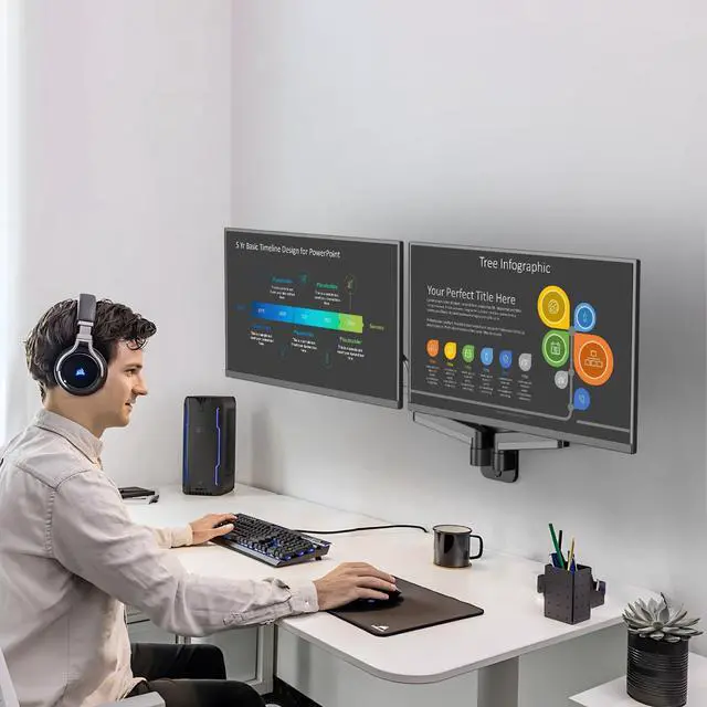 Alt view image 2 of 5 - HIPPOFLEX Dual Monitor Wall Mount for 17-32 inch Screens, 2 Monitor Arms with Gas Spring System Each Carries up to 17.6lbs, General Use Wall Mounts, Height Adjustable, Tilt, Swivel, Rotate