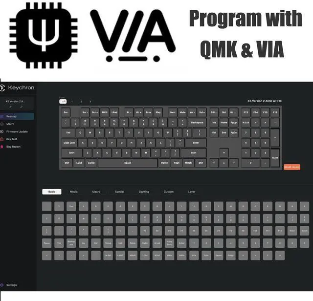 Alt view image 3 of 5 - Keychron K5 QMK Custom Mechanical Keyboard, Ultra-Slim Full Size 104 Keys Wireless Gaming Keyboard, Low-Profile Brown Switch with RGB Backlits for Mac Windows, Version 2