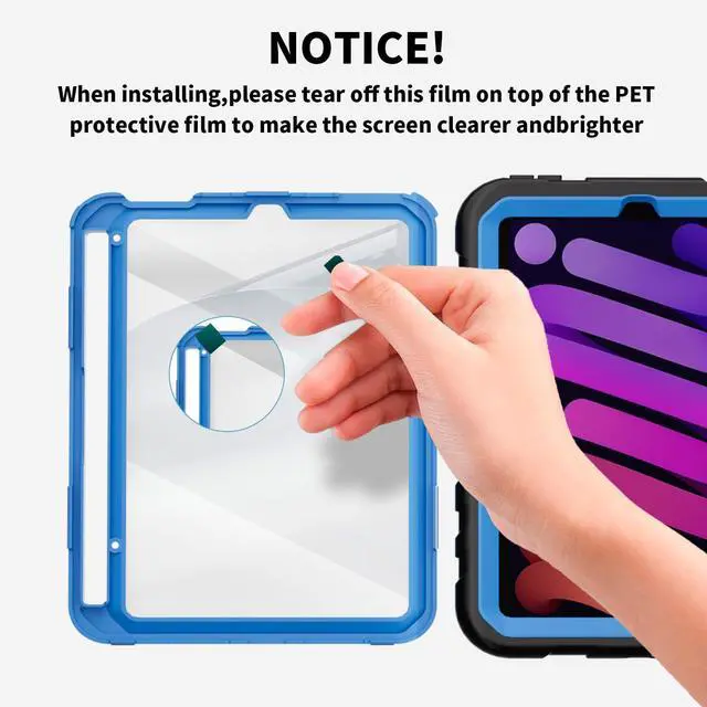 Alt view image 3 of 5 - Stweap for iPad mini 7 A17 Pro/iPad mini 6 8.3 Inch Case, iPad mini 7th/6th Generation Case (2024/2021) with Pencil Holder/Kickstand, Hand Strap/Shoulder Strap,Black+Sky Blue
