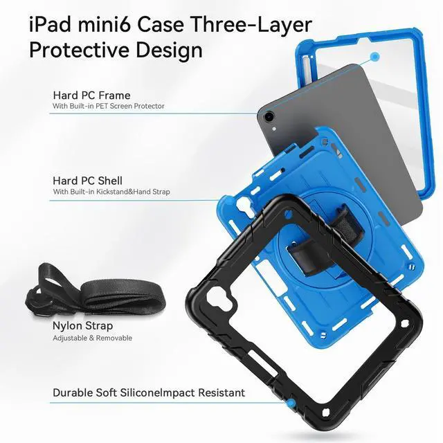 Alt view image 5 of 5 - Stweap for iPad mini 7 A17 Pro/iPad mini 6 8.3 Inch Case, iPad mini 7th/6th Generation Case (2024/2021) with Pencil Holder/Kickstand, Hand Strap/Shoulder Strap,Black+Sky Blue