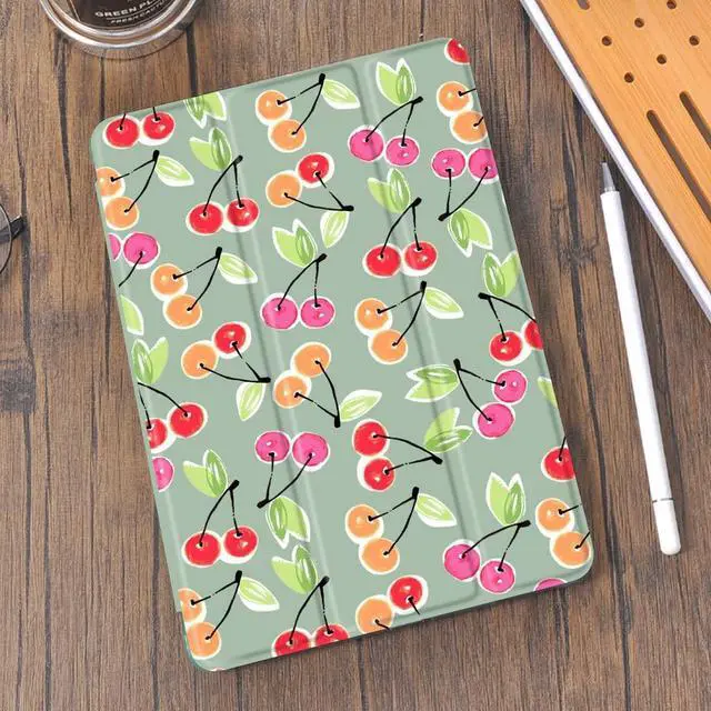 Alt view image 2 of 5 - Idocolors Cartoon Cherry Case for iPad 7/8/9 Generation - Cherry Pad Case with Pencil Holder, Lightweight Smart Trifold Stand - Green