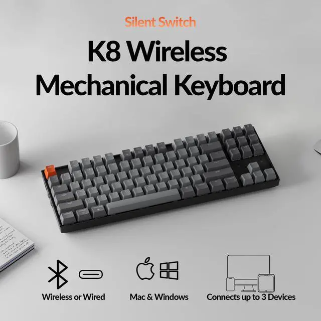 Alt view image 2 of 5 - Keychron K8 Wireless Mechanical Keyboard  Silent Red Switch for Quiet Office and Gaming, TKL 87 Keys, Soft White LED Backlight, Bluetooth & USB-C Wired Connectivity, Compatible with Mac and Windows
