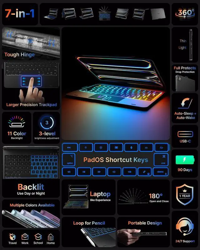 Alt view image 3 of 5 - typecase Touch Keyboard Case for iPad Pro 11-inch(M4) 2024,Wireless Keyboard with 11 Colors Backlight,360°Rotatable Protective Case with Pencil Holder,Multi-Touch Trackpad,Thin&Light,Black