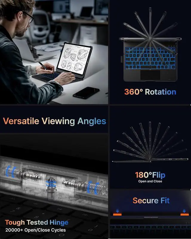 Alt view image 5 of 5 - typecase Touch Keyboard Case for iPad Pro 11-inch(M4) 2024,Wireless Keyboard with 11 Colors Backlight,360°Rotatable Protective Case with Pencil Holder,Multi-Touch Trackpad,Thin&Light,Black