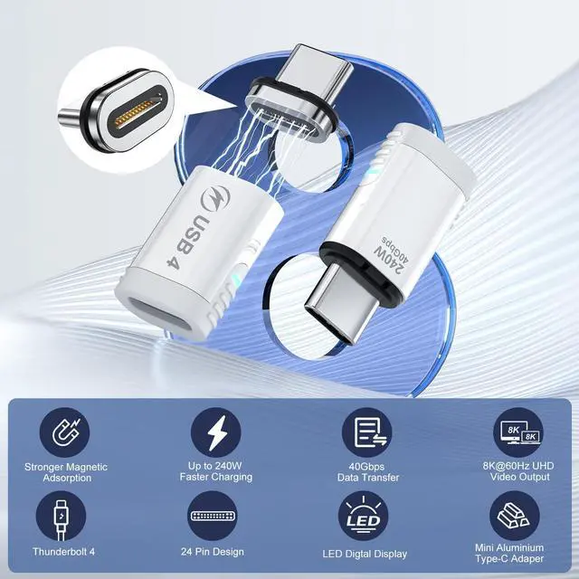 Alt view image 2 of 5 - USB C Magnetic Adapter (2 Pack), 240W USB Type C Male to Female Adapter Extender Compatible with Thunderbolt 3/4, Support up to 240W Charging, 40Gbps Data Transfer and 8K@60Hz Video, White