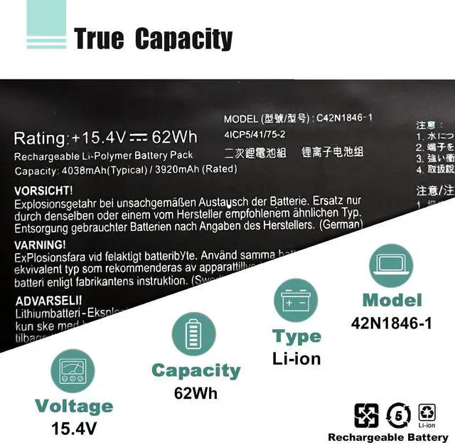 Alt view image 2 of 5 - BOWEIRUI C42N1846-1 C42N1846 Battery Replacement for Asus ZenBook Pro Duo UX581 UX581G UX581GV UX581LV UX581GV-XB94T UX581GV-H2003T BP9901U UX581LV-BP1911U UX581LV-H2014R UX581LV-H2002R 62Wh 15.4V