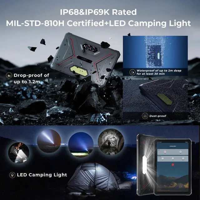 Alt view image 2 of 5 - HOTWAV R9 Pro Rugged Tablet 11" FHD, 20080mAh Battery, IP68/IP69K Waterproof, 20W Fast Charge, Octa-Core 20GB+256GB, 64MP Camera, 6W Camping Light, Dual SIM, Android 14 (Black)