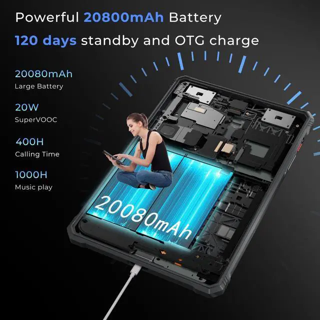 Alt view image 3 of 5 - HOTWAV R9 Pro Rugged Tablet 11" FHD, 20080mAh Battery, IP68/IP69K Waterproof, 20W Fast Charge, Octa-Core 20GB+256GB, 64MP Camera, 6W Camping Light, Dual SIM, Android 14 (Black)