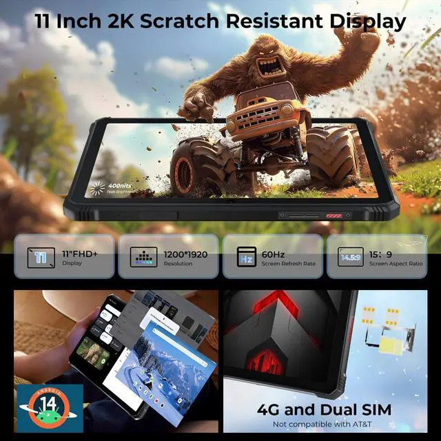Alt view image 4 of 5 - HOTWAV R9 Pro Rugged Tablet 11" FHD, 20080mAh Battery, IP68/IP69K Waterproof, 20W Fast Charge, Octa-Core 20GB+256GB, 64MP Camera, 6W Camping Light, Dual SIM, Android 14 (Black)