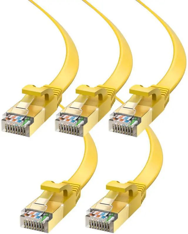 Main image of Maximm Cable CAT7 Flat Ethernet Cable, 5 Pack (Yellow, 20ft) 10 Gbps, 600 MHz, Shielded RJ45 Gold Connectors Ultra-Thin Flexible Design for Home & Office Networking