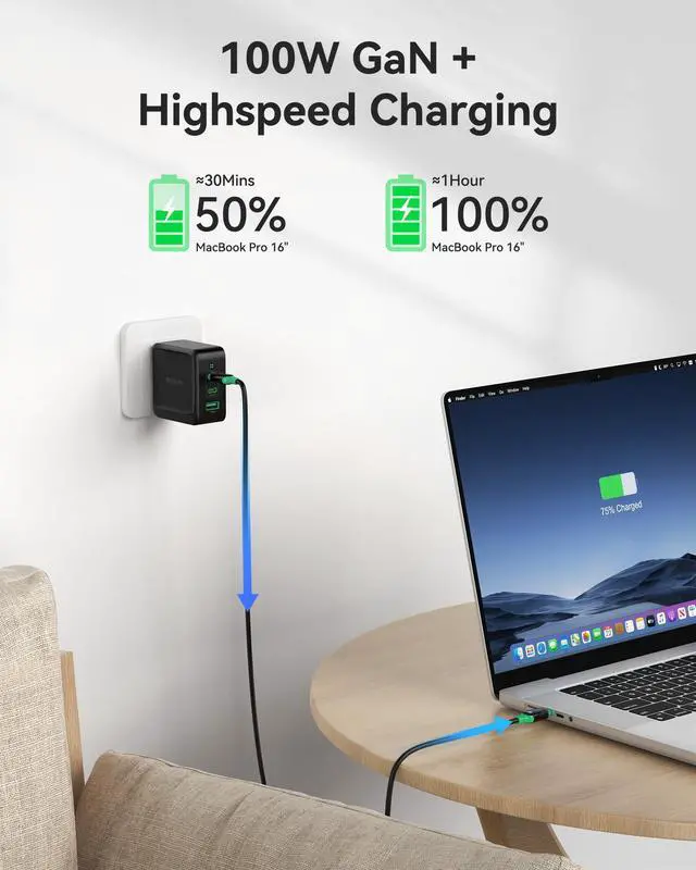 Alt view image 2 of 5 - 100W USB C Charger, 3-Port GaN+ USB C Charging Block, Foldable and Compact Fast Wall Charger Power Adapter for MacBook Pro/Air, iPad Pro, iPhone 16/15, Dell XPS, Galaxy S24/S23, and More