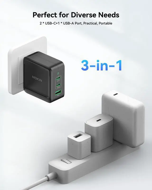 Alt view image 4 of 5 - 100W USB C Charger, 3-Port GaN+ USB C Charging Block, Foldable and Compact Fast Wall Charger Power Adapter for MacBook Pro/Air, iPad Pro, iPhone 16/15, Dell XPS, Galaxy S24/S23, and More
