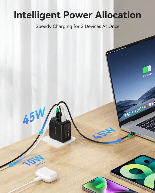 Alt view image 3 of 5 - 100W USB C Charger, 3-Port GaN+ USB C Charging Block, Foldable and Compact Fast Wall Charger Power Adapter for MacBook Pro/Air, iPad Pro, iPhone 16/15, Dell XPS, Galaxy S24/S23, and More