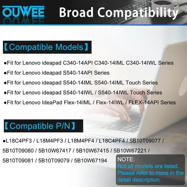 Alt view image 3 of 5 - OUWEE L18M4PF3 Laptop Battery Compatible with Lenovo ideapad S540-14API S540-14IML S540-14IWL C340-14API C340-14IML C340-14IWL Flex-14IML Flex-14IWL Series L18M4PF4 L18C4PF3 L18C4PF4 15.36V 45Wh