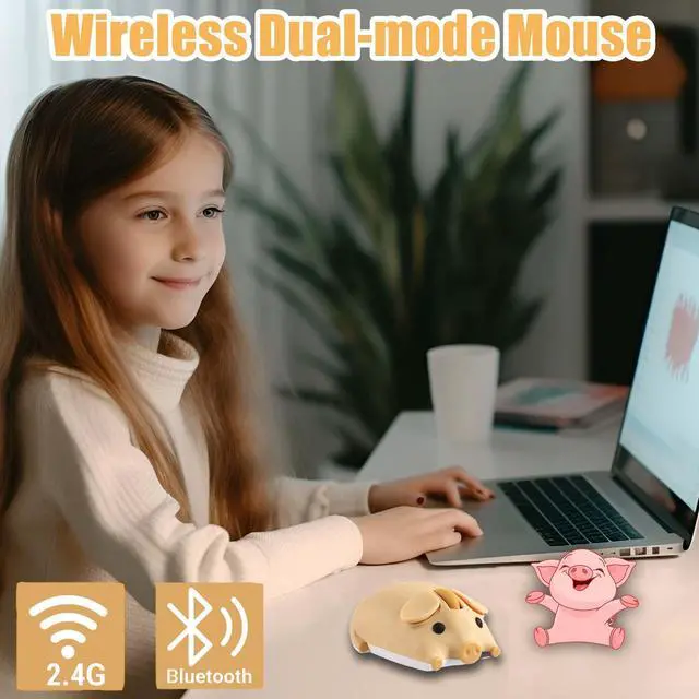 Alt view image 2 of 5 - Wireless Mouse, Cute Pig Shape, Dual Mode (2.4G + Bluetooth), Silent Portable Lightweight 3-Button 1200DPI Wireless Mouse Battery Powered, Gift for Children and Girls, for PC Laptops Tablets (Yellow)