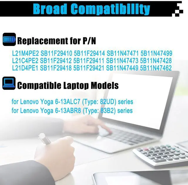 Alt view image 3 of 5 - AOMKA L21D4PE1 SB11F29418 5B11F29421Laptop Battery Replacement for Lenovo Yoga 6-13ABR8 83B2 Yoga 6-13ALC7 82UD L21C4PE2 5B11F29411 SB11F29412 L21M4PE2 SB11F29410 5B11F29414 15.52V 59Wh 3815mAh