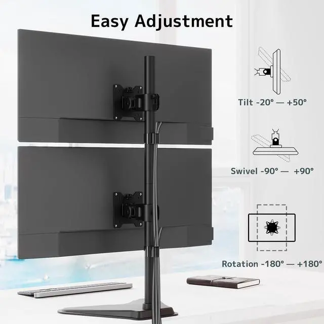 Alt view image 5 of 5 - Dual Monitor Stand Heavy Duty - 17-49 inch Freestanding Vertical Dual Monitor Arm, Adjustable Stacked Double Monitor Desk Mount, Max Load 44 lbs (per Screen), VESA 75/100 mm, Black
