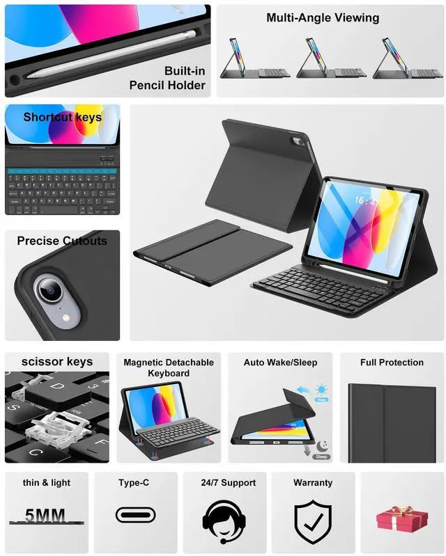 Alt view image 3 of 5 - FOGARI for ipad 10th 11th Generation Case with KeyboardWireless Detachable Folio Keyboard Cover with Pencil Holder for iPad 11-inch A16 2025 10th Gen 10.9 Inch 2022, Black