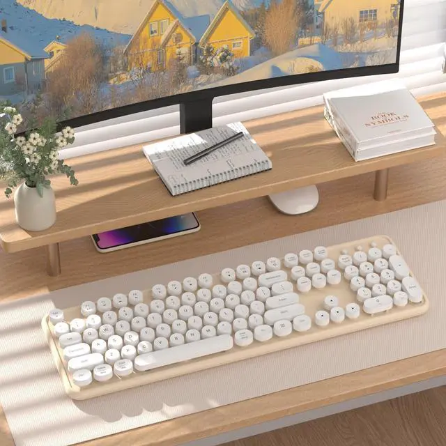 Alt view image 2 of 5 - COVEVA Colorful Wireless Bluetooth Keyboard, 2.4G & Dual Bluetooth Multi-Device, Typewriter Retro Round Keycaps 104 Keys Full-Size for PC Laptop Tablet Phone (White Milk-Tea)