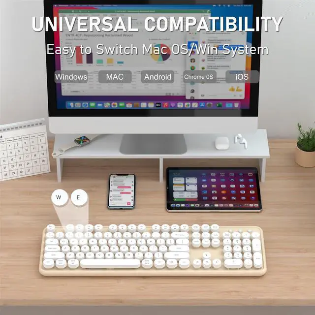 Alt view image 4 of 5 - COVEVA Colorful Wireless Bluetooth Keyboard, 2.4G & Dual Bluetooth Multi-Device, Typewriter Retro Round Keycaps 104 Keys Full-Size for PC Laptop Tablet Phone (White Milk-Tea)